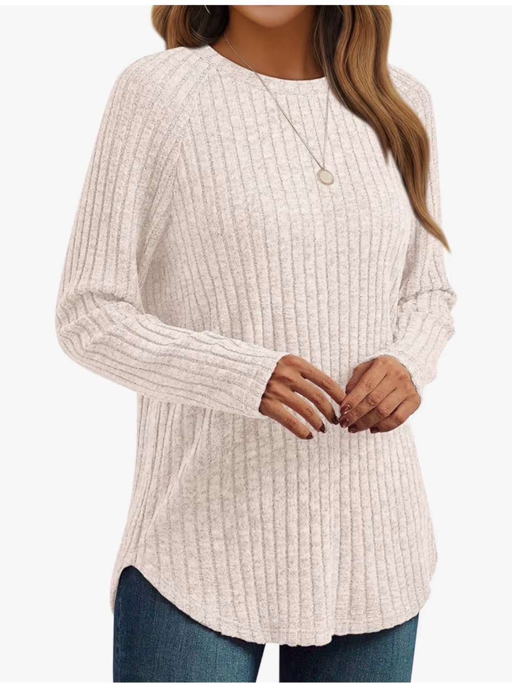 Ribbed Crewneck Pullover Sweater in Oatmeal